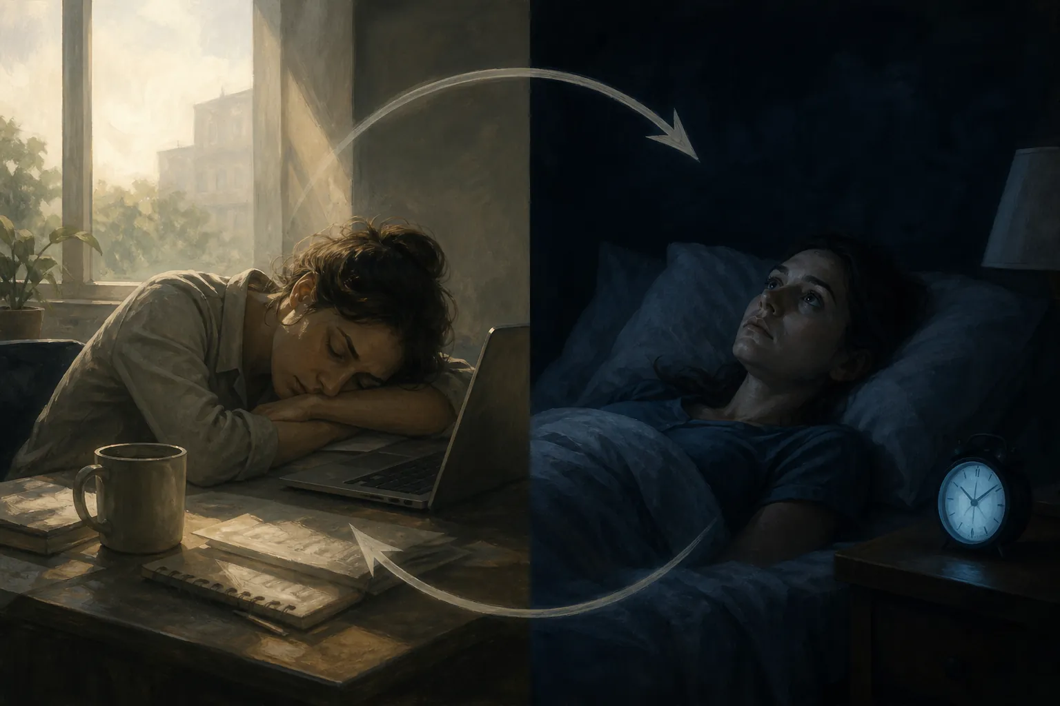 Illustration of the cycle between daytime fatigue and nighttime insomnia
