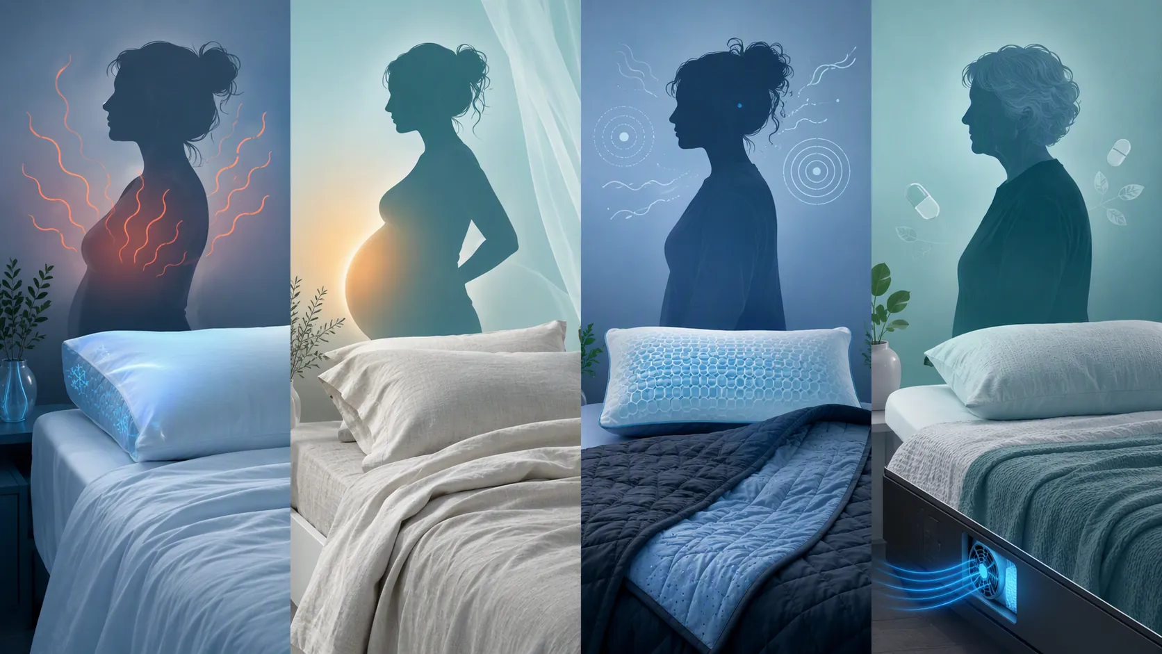 Four life-stage silhouettes with cooling sleep cues for perimenopause, pregnancy, ADHD, and older adulthood