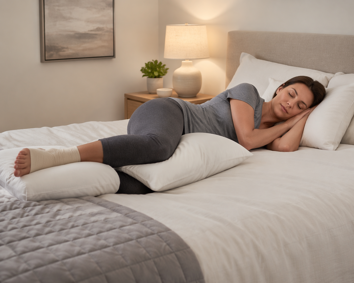 A person lying on the uninjured side with pillows supporting the knees and injured ankle