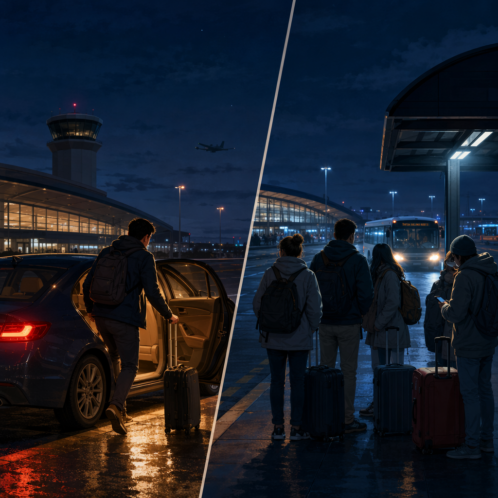 Split scene showing a traveler taking a rideshare to a hotel while others wait for an airline shuttle