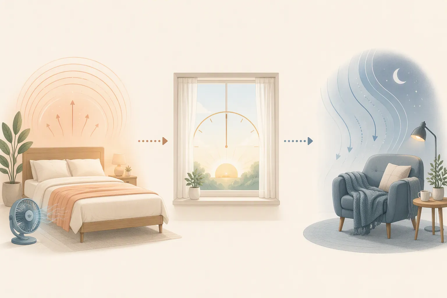 Three panels showing cooling the bed, morning light, and a calmer evening routine