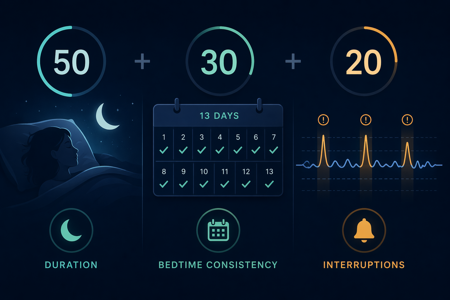Infographic showing sleep score components for duration, 13-day bedtime consistency, and interruptions