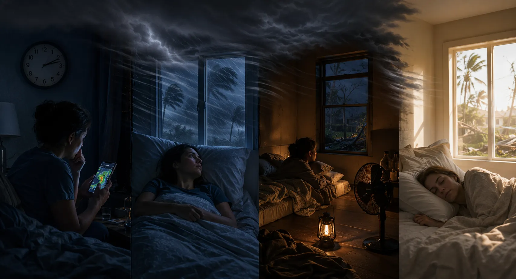 Four hurricane sleep phases from pre-storm anxiety to active storm, power outage, and post-storm recovery