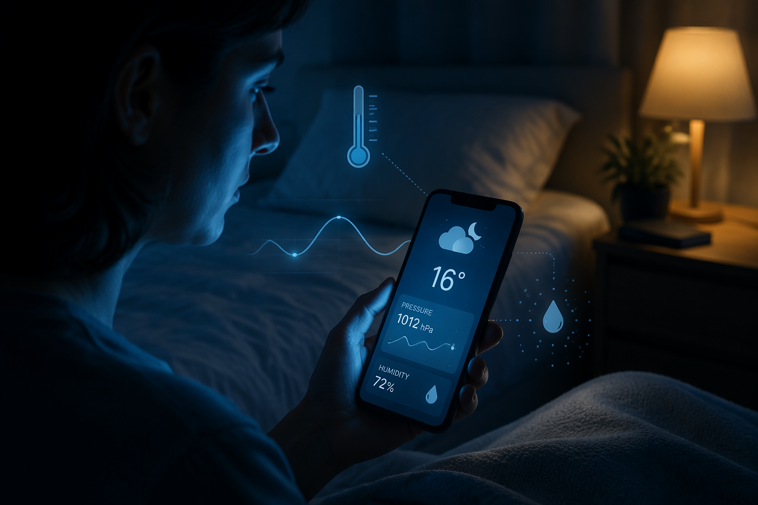 A person checks a weather forecast on a phone in a dim bedroom, with temperature, pressure, and humidity symbols connecting the forecast to sleep.