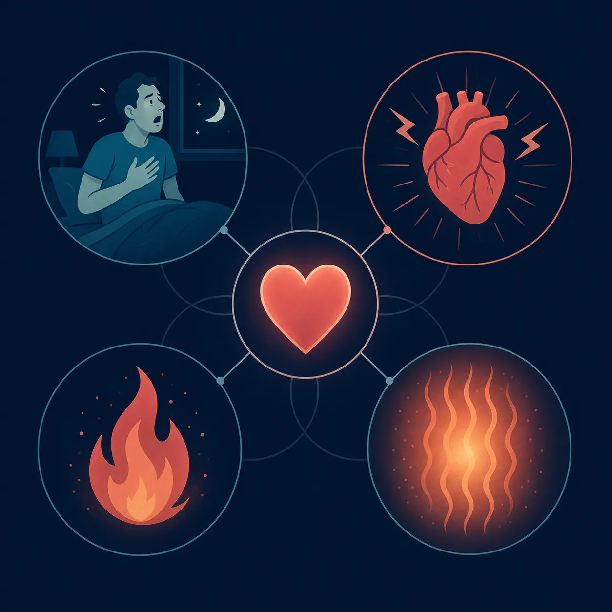 Medical illustration showing gasping awake, pounding heart, reflux, and heat-wave symptoms around a central heart icon