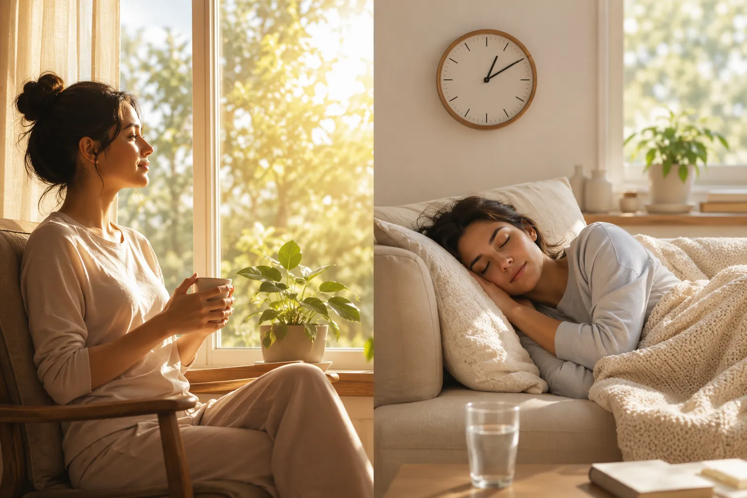 Person receiving morning light near a window beside a second scene of a short early afternoon nap