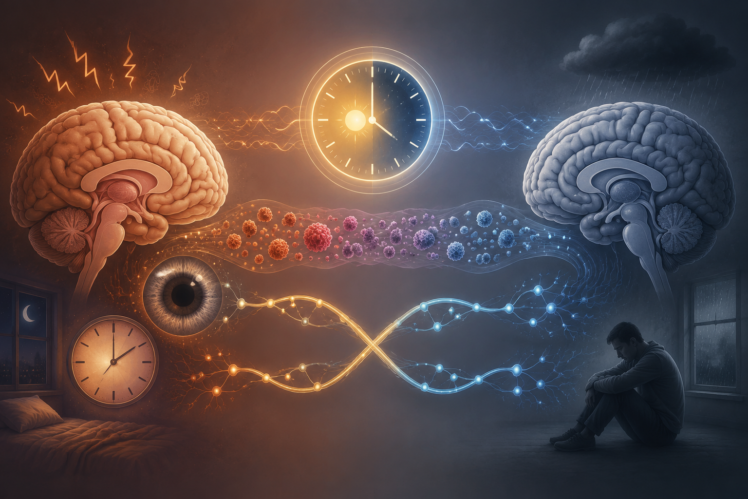 An explanatory illustration showing brain, circadian clock, inflammation, and neurotransmitter pathways linking insomnia and depression