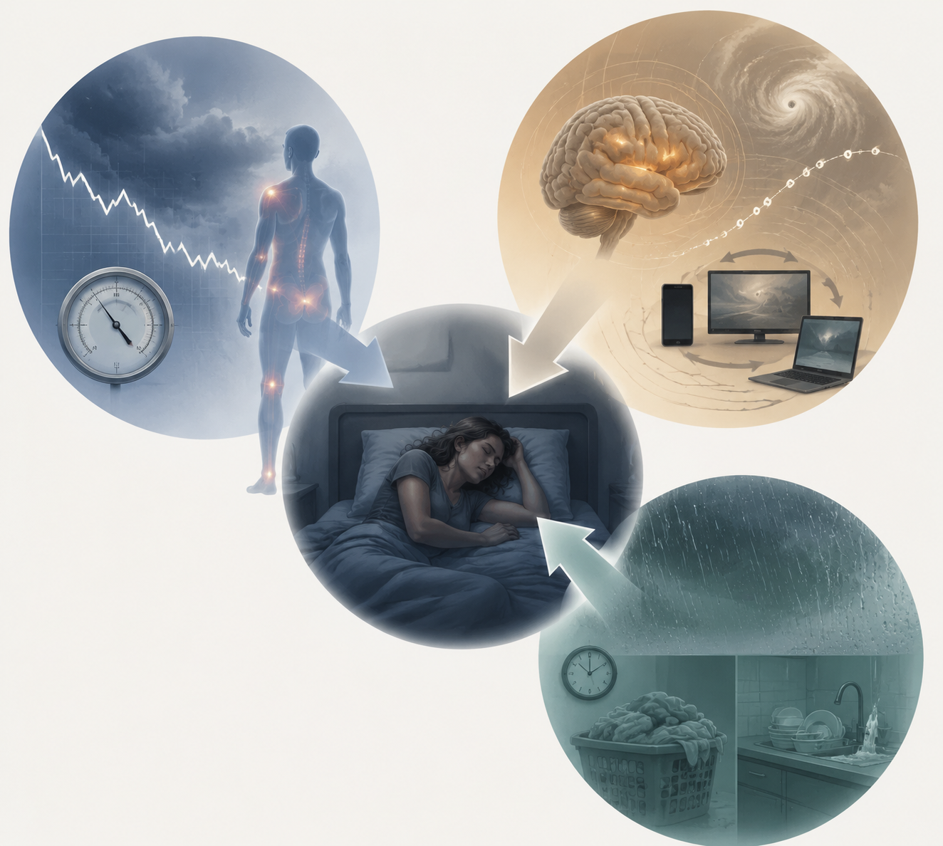 Diagram of physiological, psychological, and environmental forces converging on restless sleep