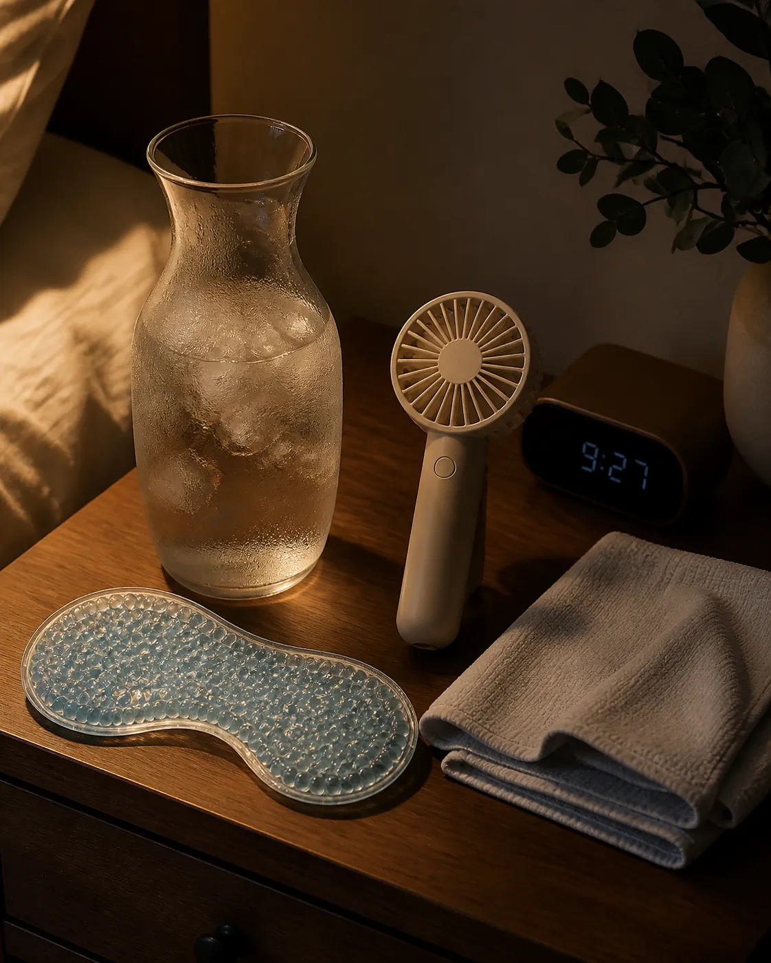 Prepared nightstand with ice water, a cooling eye mask, a handheld fan, a folded cooling towel, and a digital clock