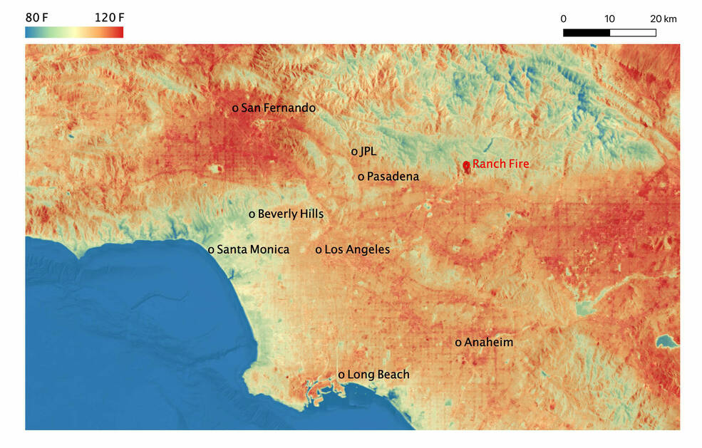A false-color thermal image of the Los Angeles basin showing hotter inland areas and cooler coastal zones.