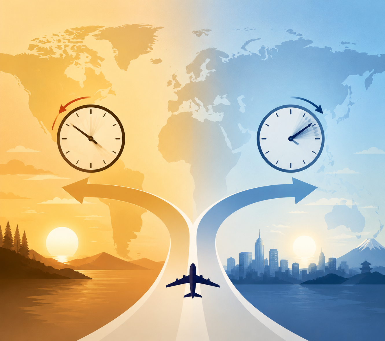 World map illustration showing westward and eastward travel paths with different clock directions