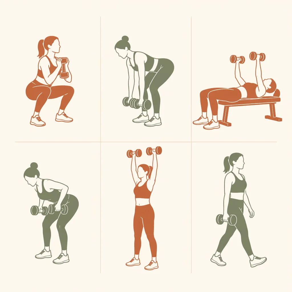 Six exercise silhouettes showing goblet squat, dumbbell Romanian deadlift, chest press, row, overhead press, and loaded carry