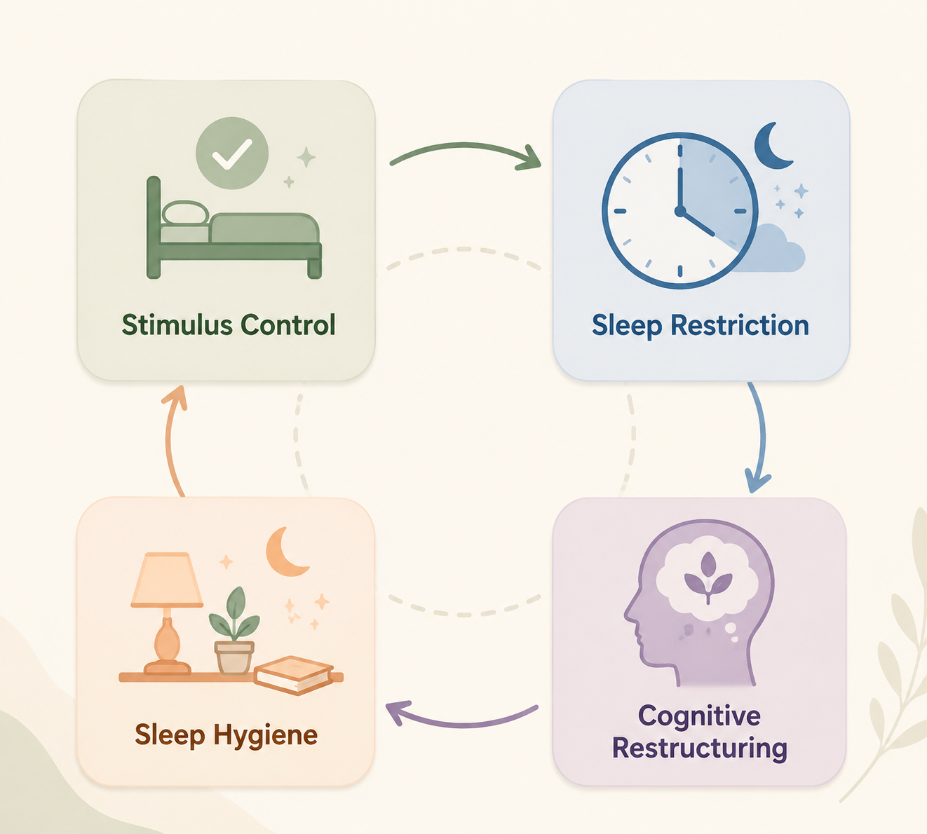 Four CBT-I components shown as rounded cards for stimulus control, sleep restriction, cognitive restructuring, and sleep hygiene