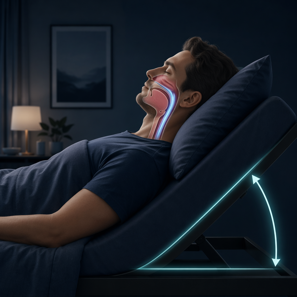 Person sleeping with the head elevated and airway open
