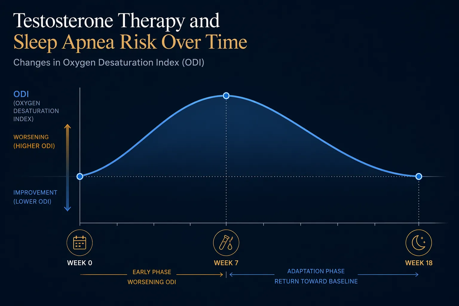 Timeline graph showing oxygen desaturation worsening around week seven and returning to baseline by week eighteen