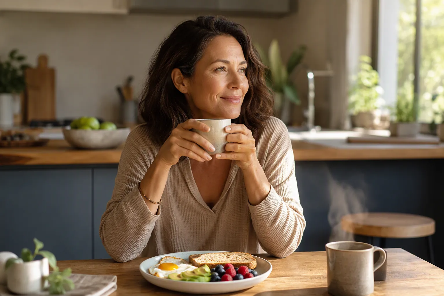 Perimenopausal woman sitting at a sunny kitchen table with eggs, avocado, berries, whole-grain toast, and a warm mug