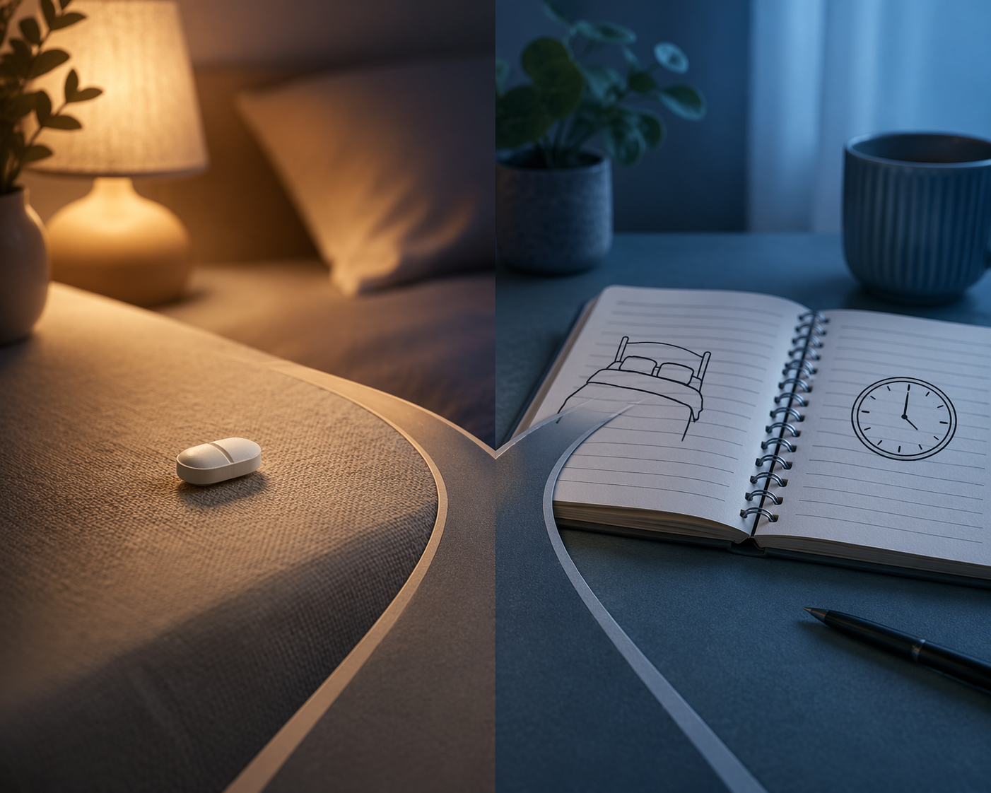 A pill beside an open notebook with bed and clock drawings, representing the choice between sleep medication and CBT-I