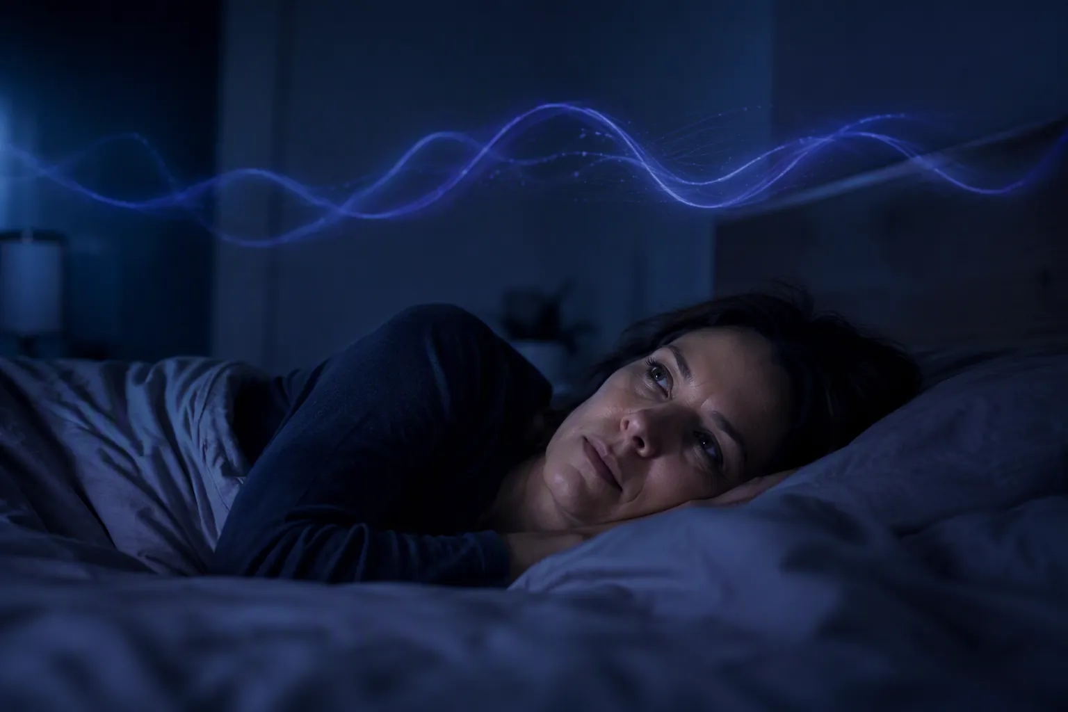 Woman in her late 40s awake in bed during early morning hours with a glowing wave suggesting nighttime metabolic fluctuation