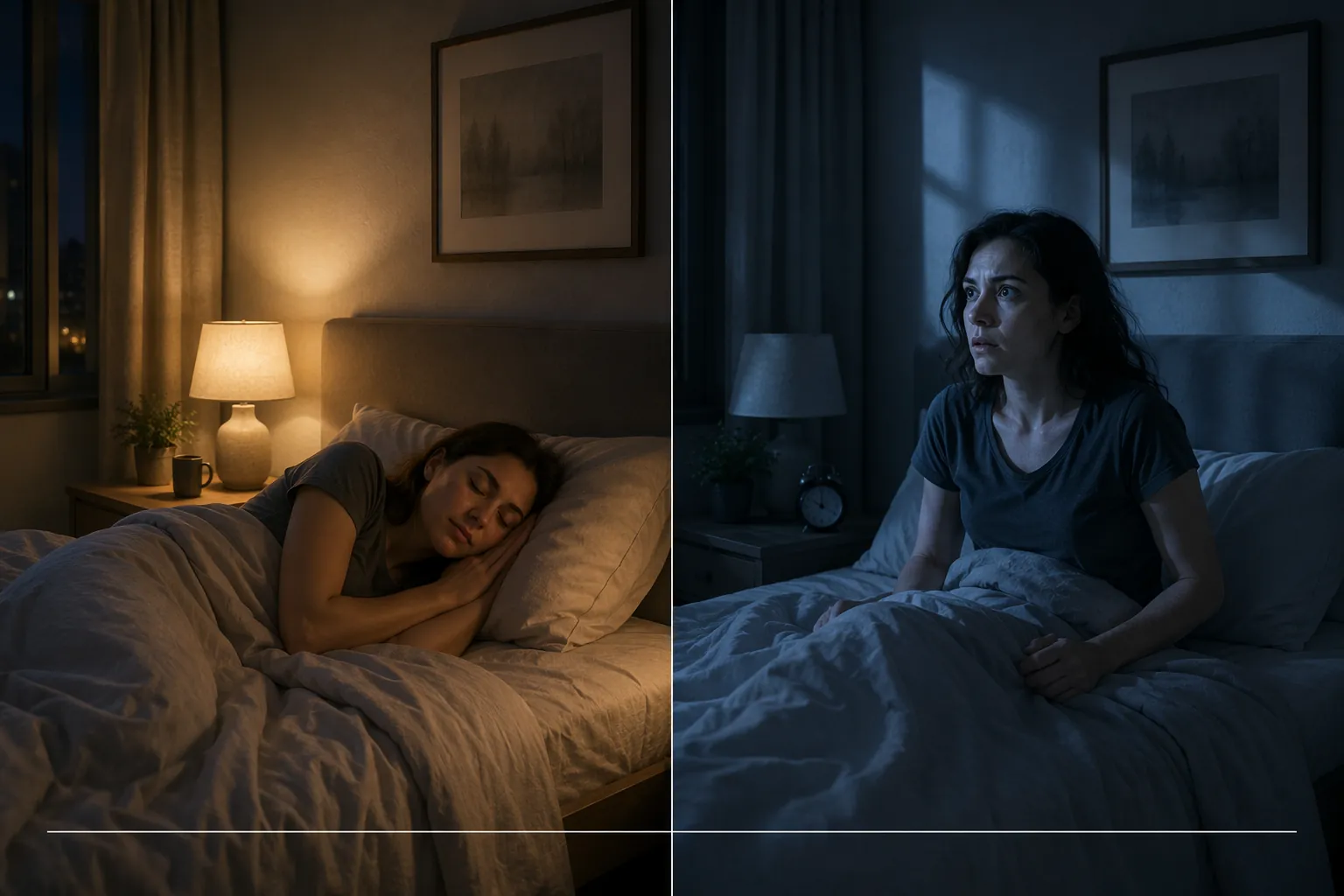 A split bedroom scene showing peaceful sleep on one side and tense nighttime hypervigilance on the other