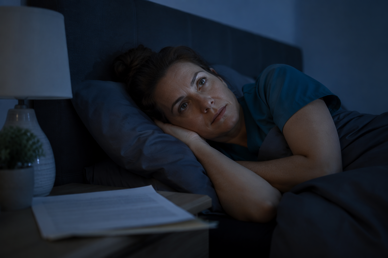 A teacher or nurse lying awake in a dim bedroom with a student loan document on the nightstand.