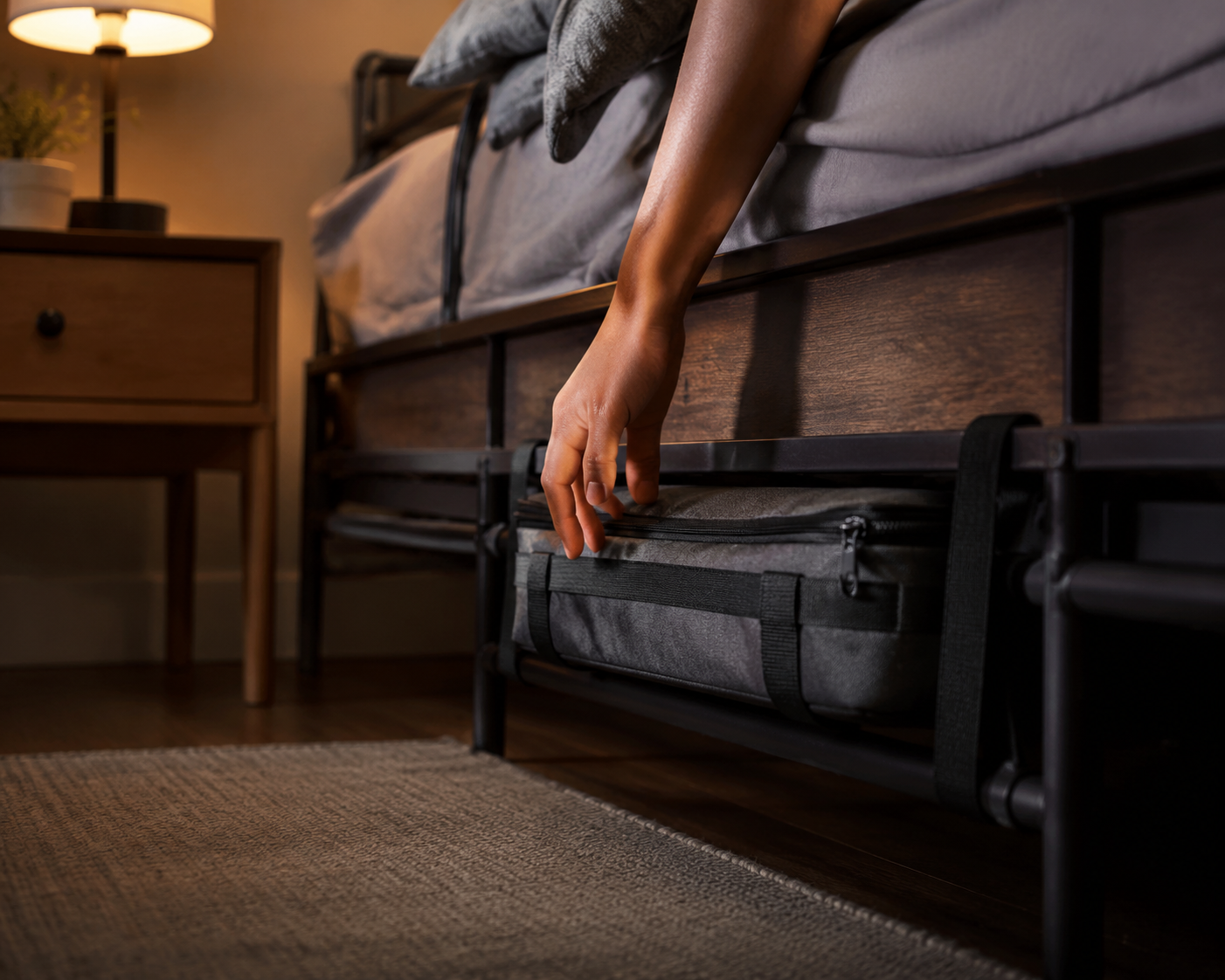 Small emergency kit bag strapped under a bed frame within reach