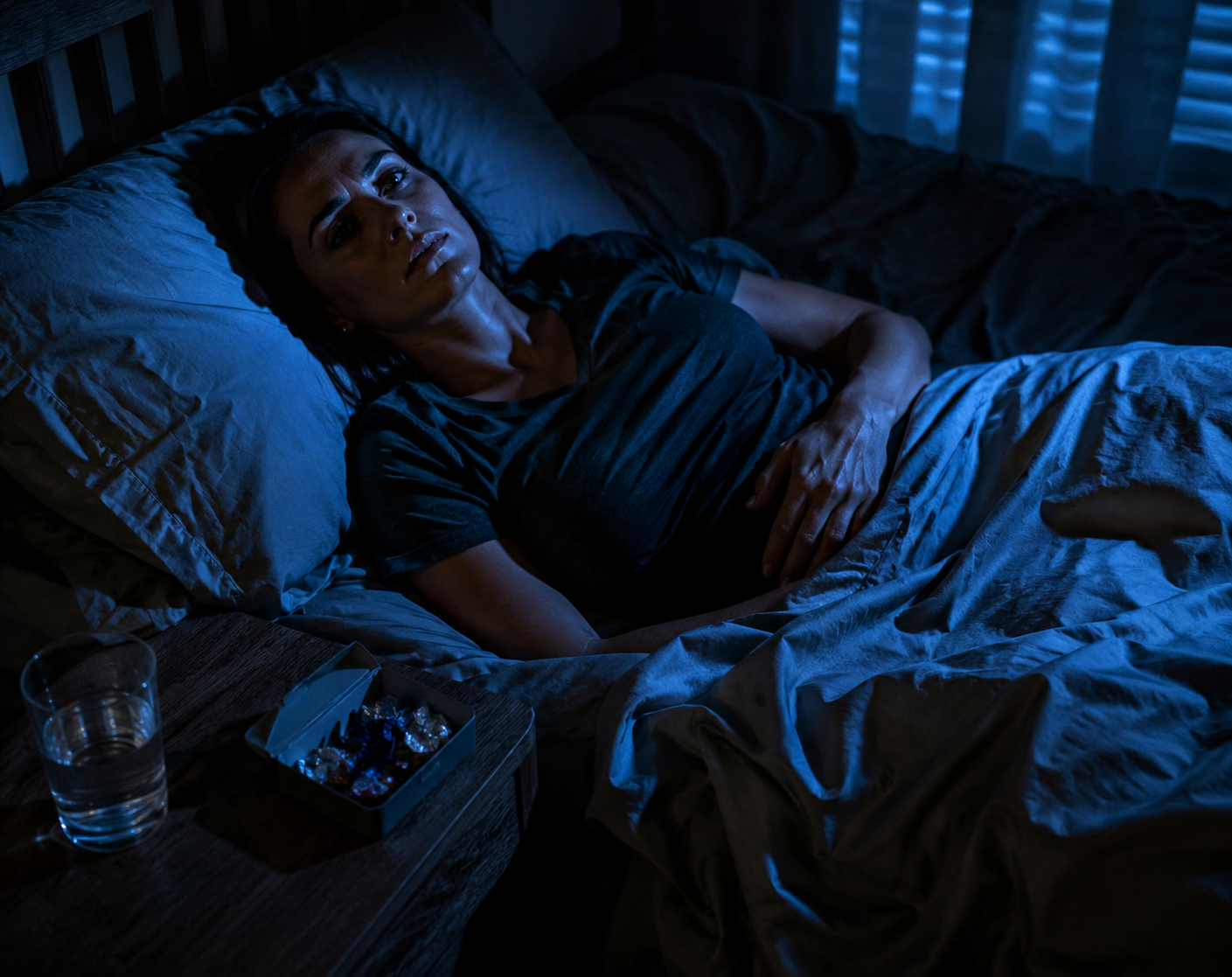 Person lying awake in bed at night with a hand on their abdomen and sugar-free candy on the bedside table