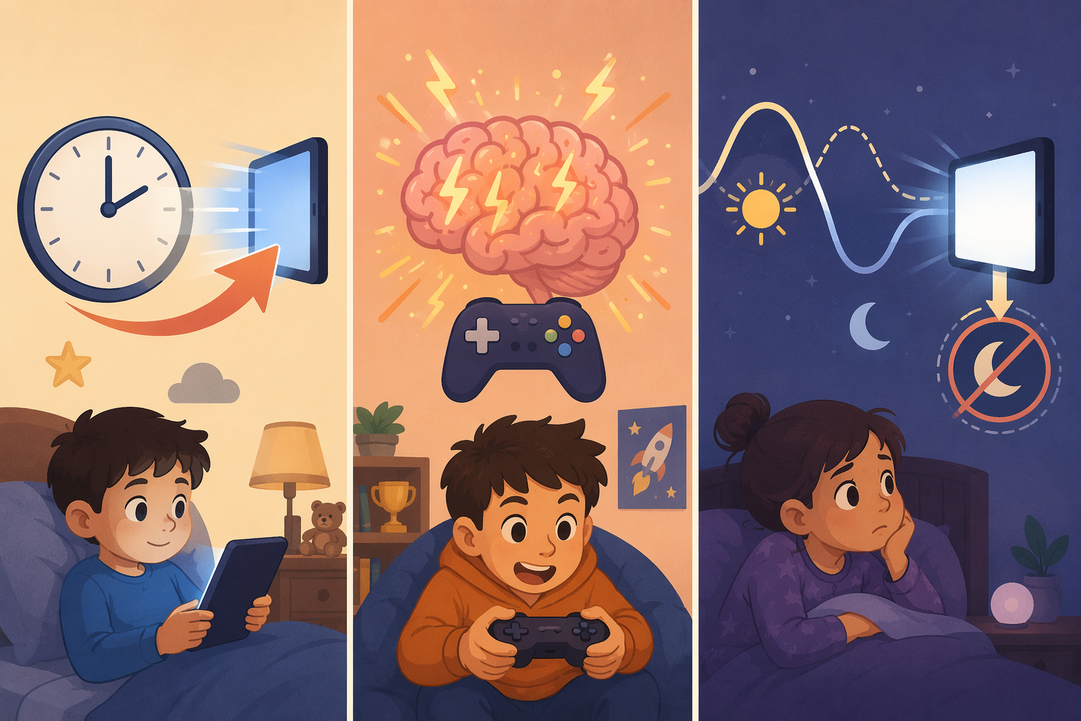 Three-panel illustration showing screen time disrupting sleep through time displacement, brain arousal, and circadian disruption