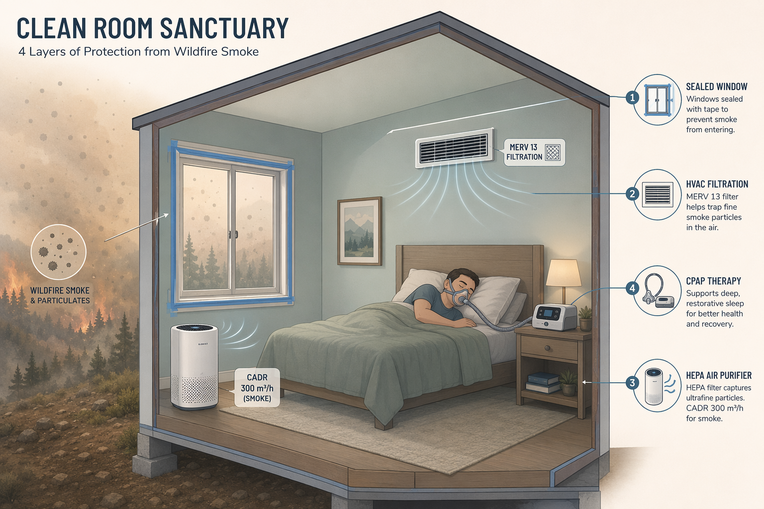Diagram of a bedroom protected by a sealed window, MERV 13 HVAC filtration, portable HEPA purifier, and CPAP machine