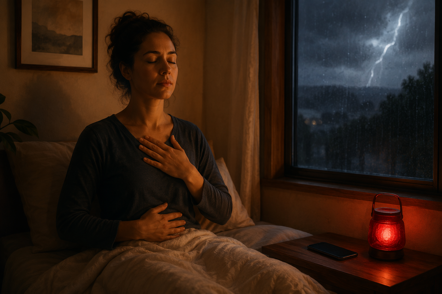 Person practicing slow breathing in bed during a storm with a red-filtered lantern and phone nearby