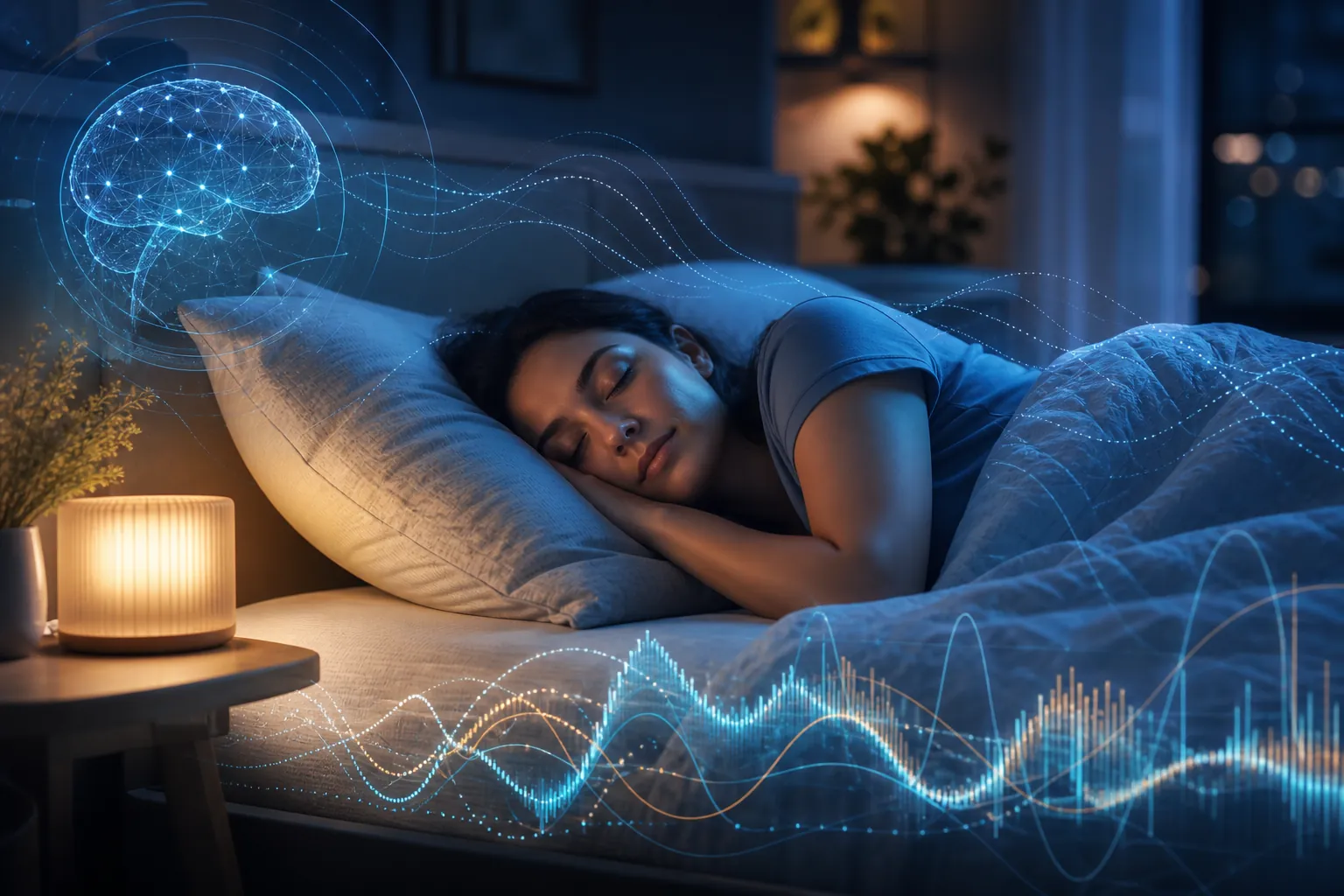 Person sleeping in a dimly lit bedroom with data visualization suggesting real-time sleep personalization