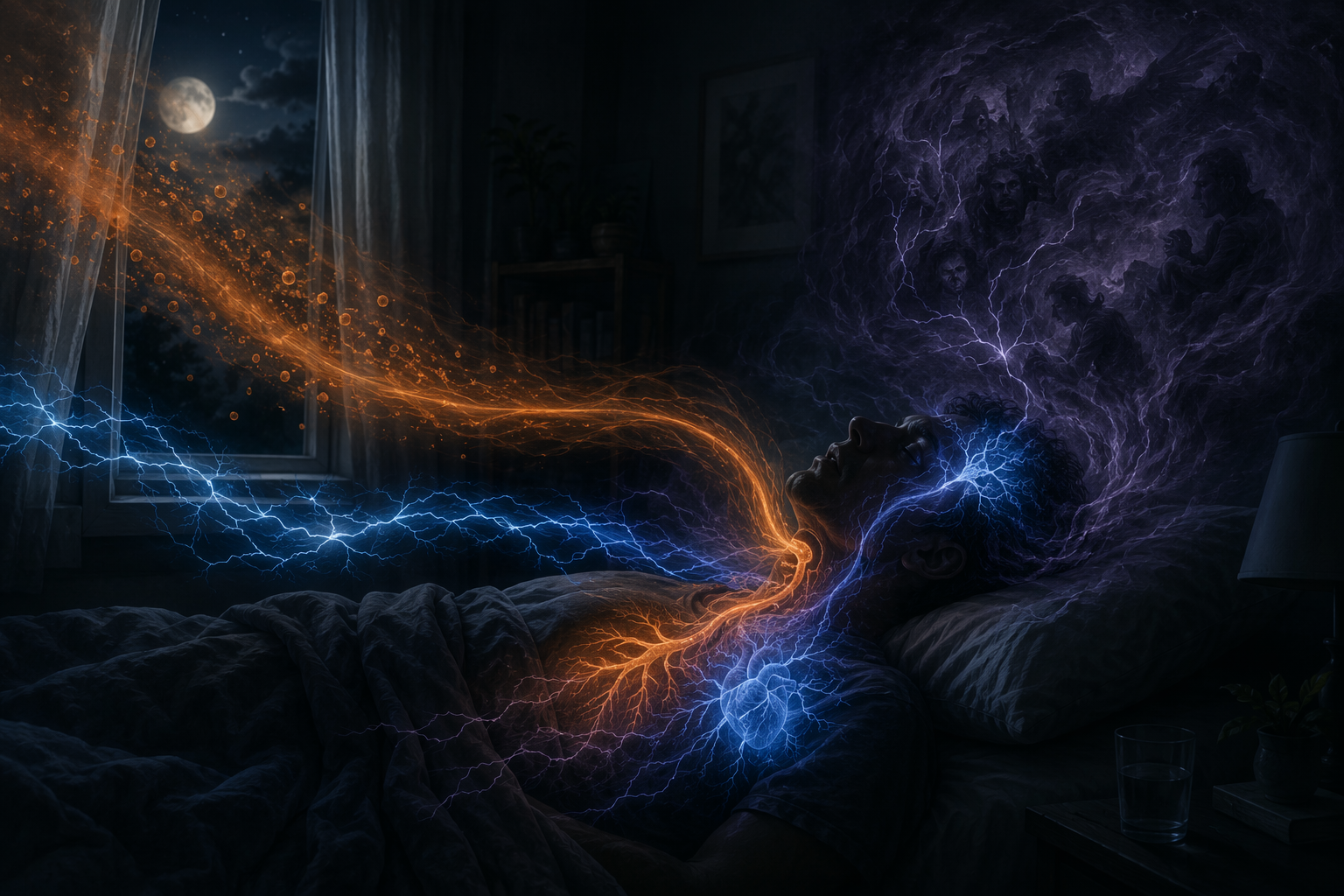 Restless sleeper with three streams representing airway inflammation, nervous-system activation, and threat-related insomnia