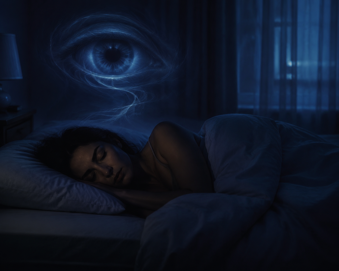 Person lying in a dim bedroom while a faint eye-like glow suggests watchfulness during sleep