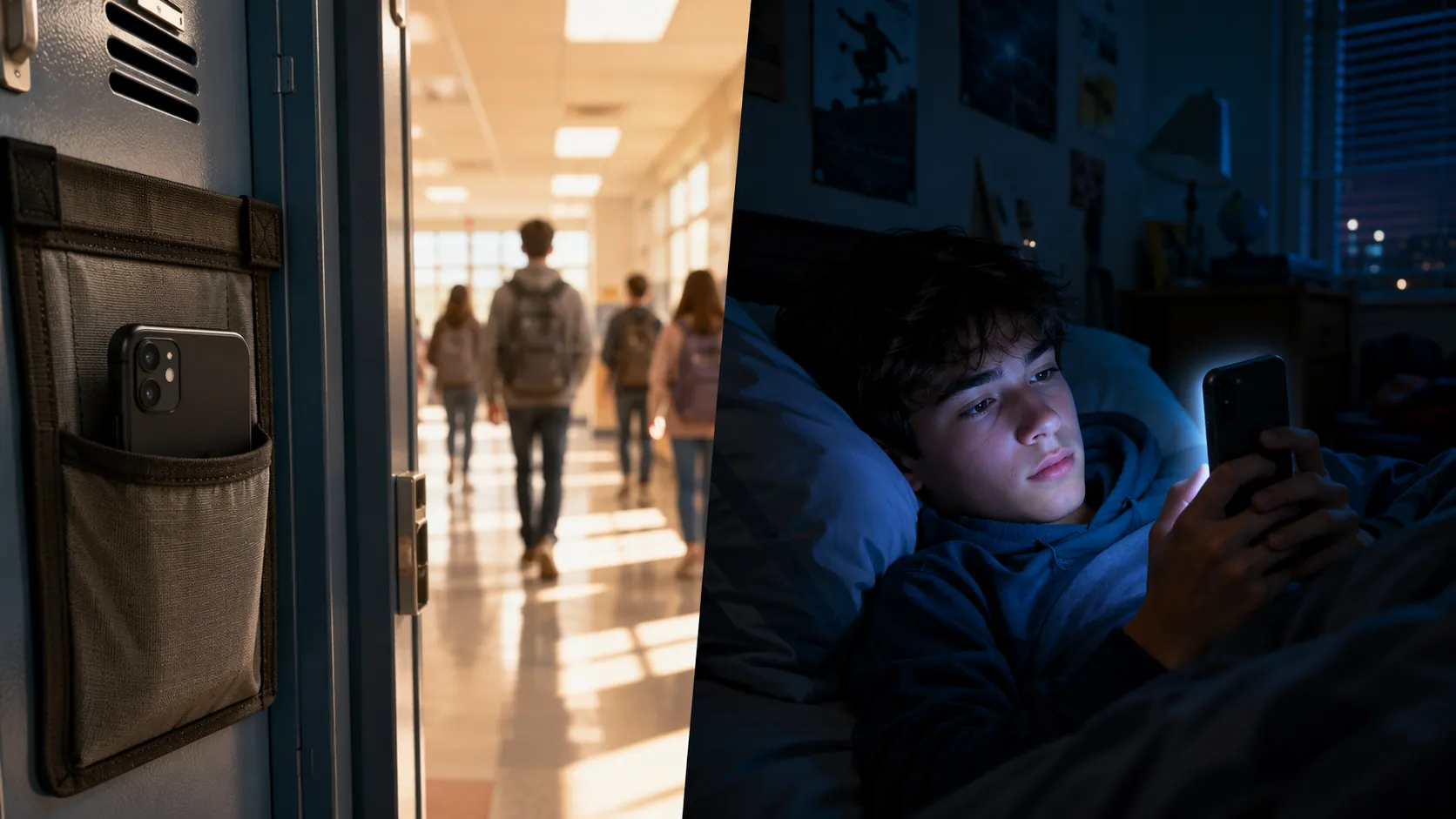 School hallway phone restriction contrasted with nighttime phone use in bed