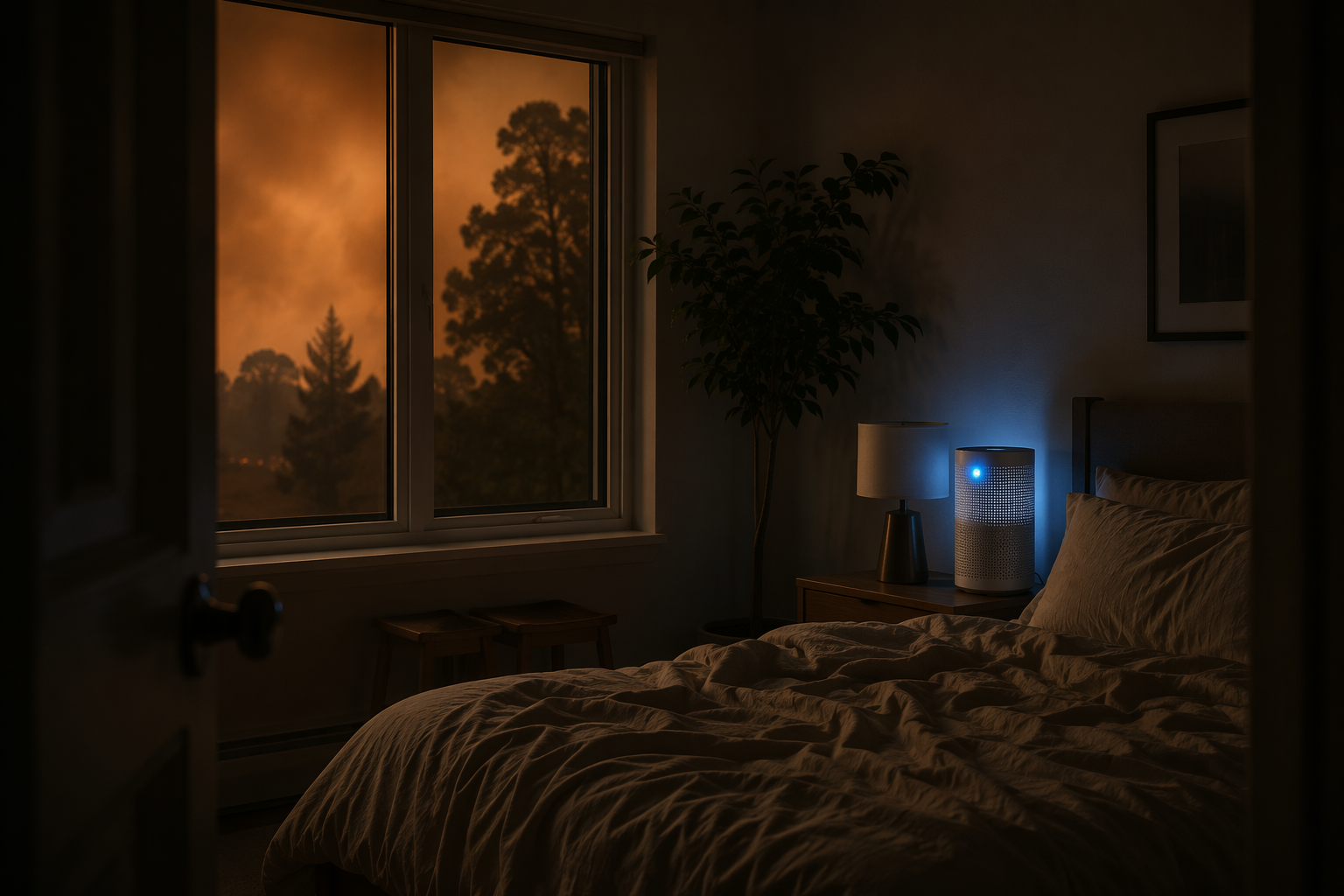Bedroom at night with a sealed window, smoky orange air outside, and a HEPA purifier beside the bed