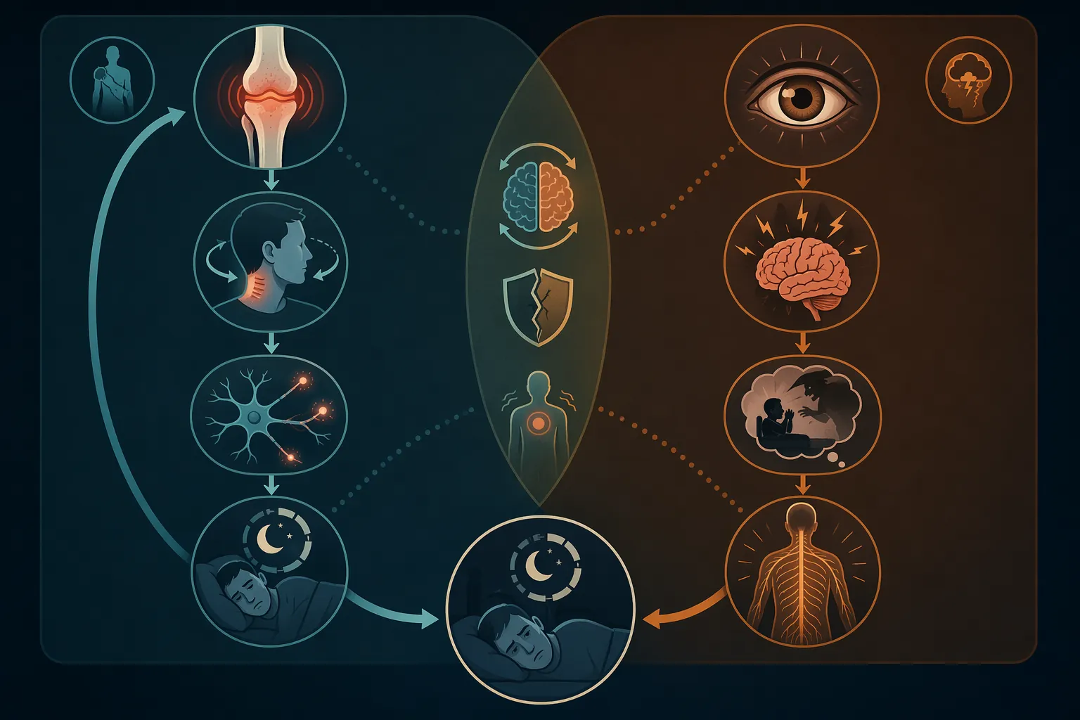 Comparison graphic showing physical injury sleep disruption and psychological hyperarousal sleep disruption