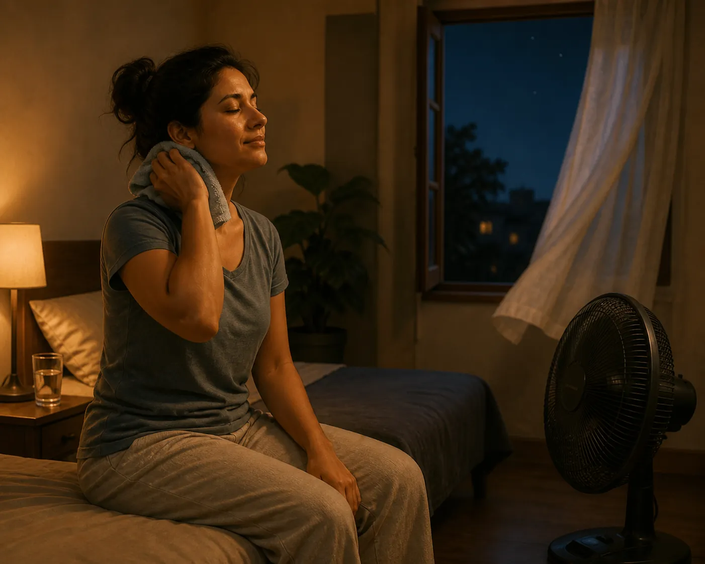 Person pressing a damp cloth to the back of the neck while a fan moves air through a warm bedroom