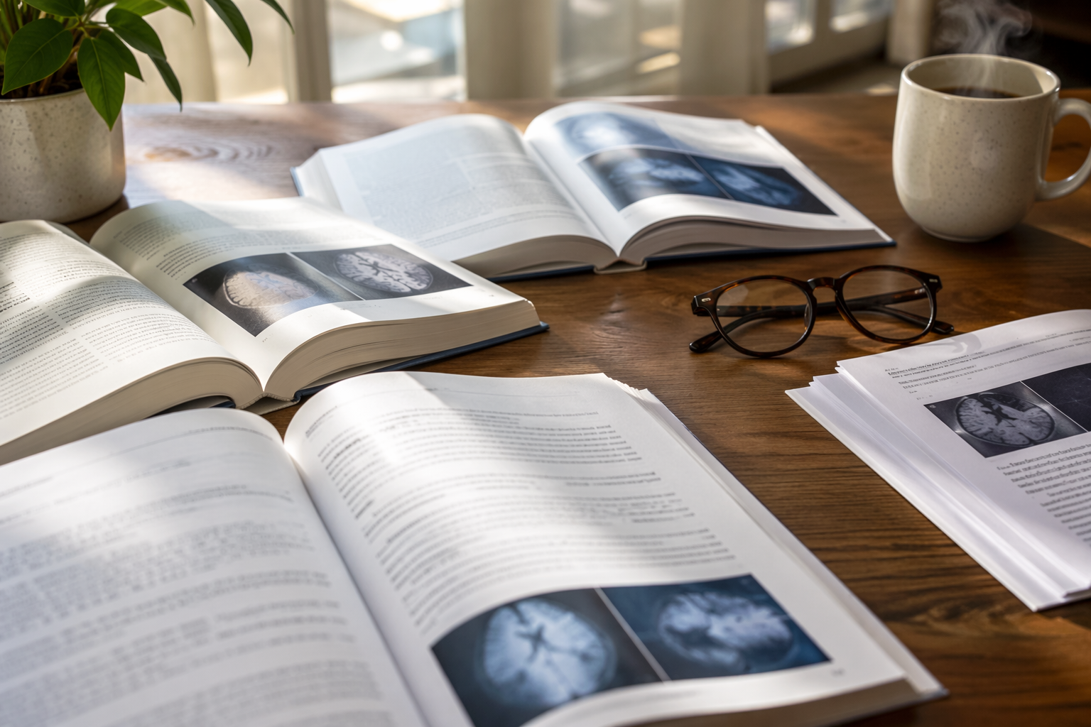Scientific papers and medical journals about sleep research on a desk