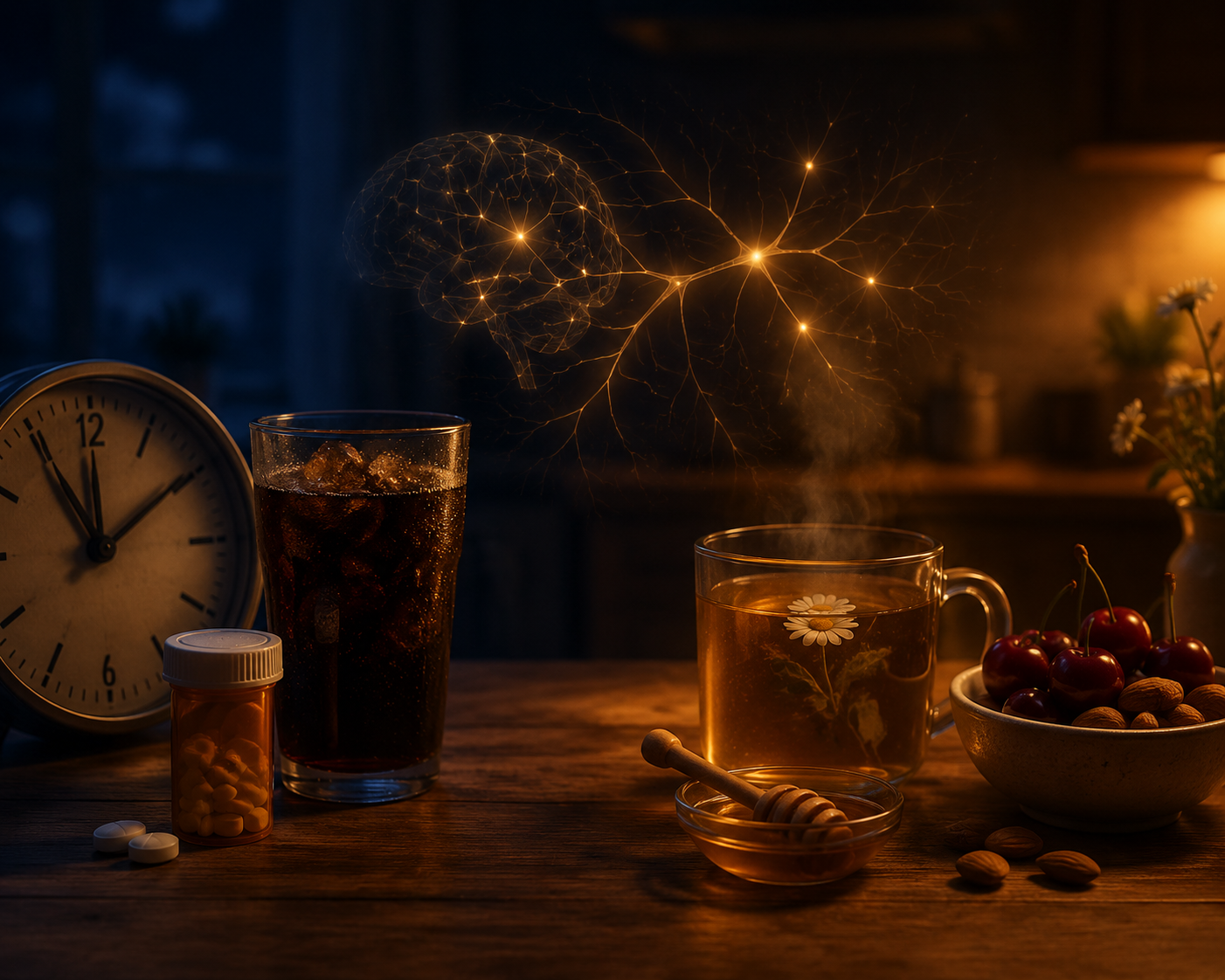 Nighttime kitchen contrast between diet soda and sleep-supportive whole foods