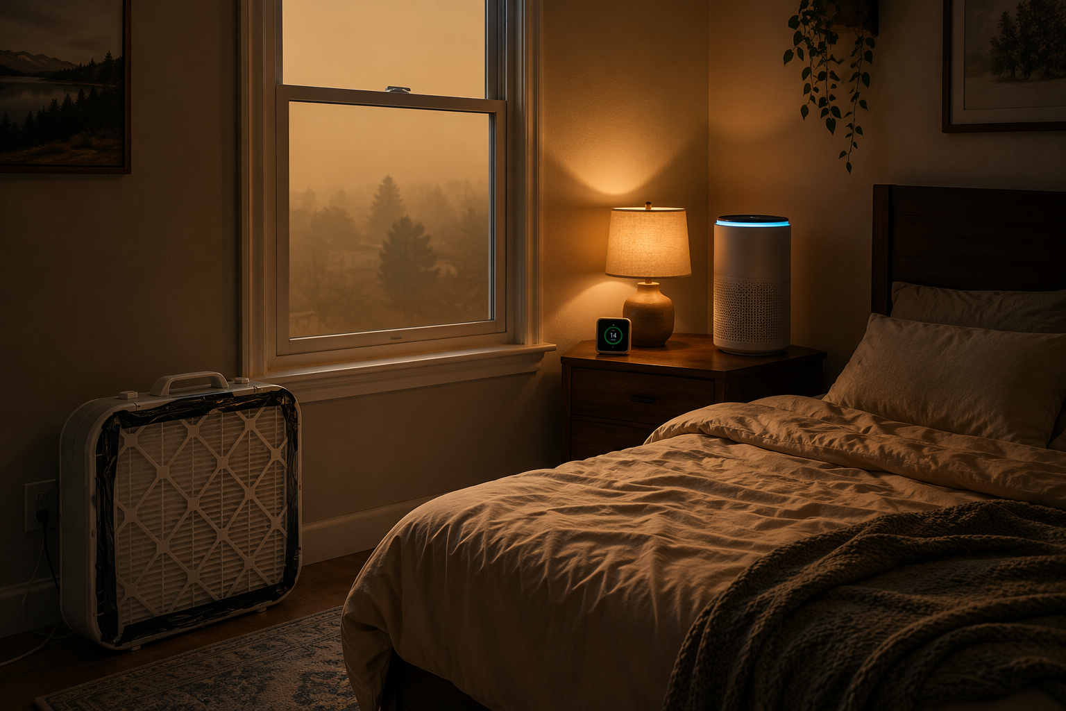 Bedroom with smoky air outside, a HEPA purifier on a nightstand, and a DIY box fan filter on the floor
