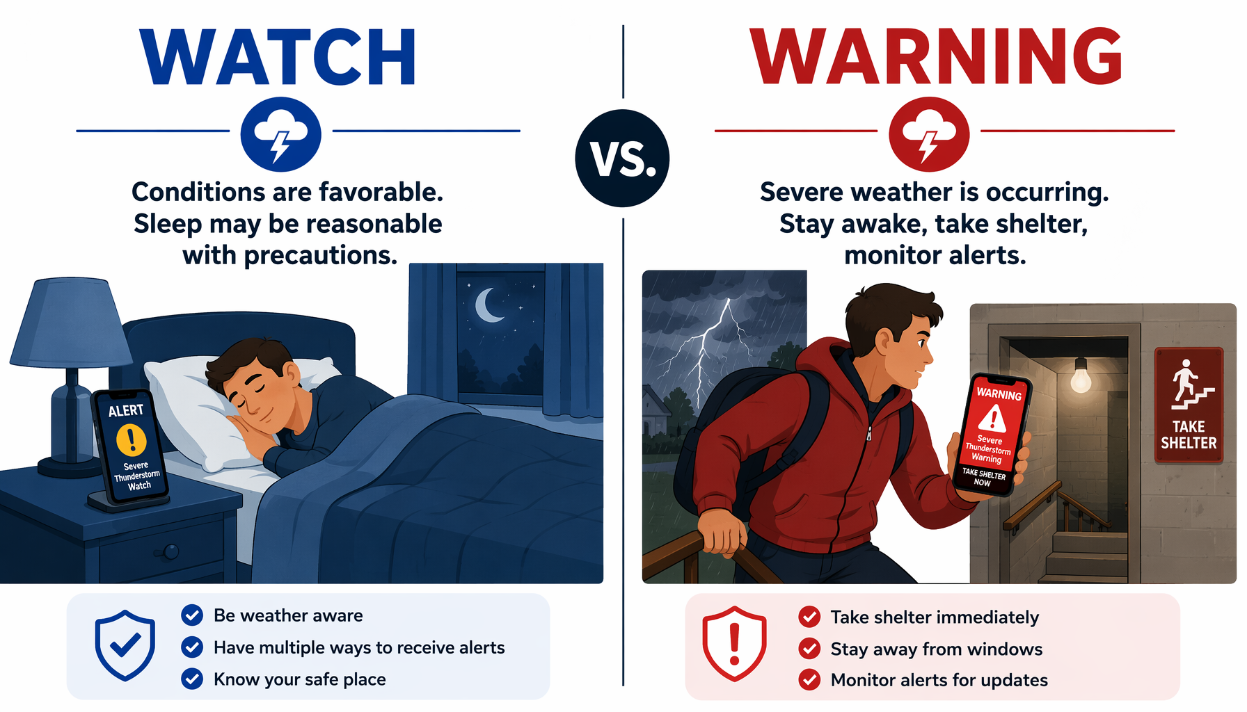Split illustration comparing sleep during a Severe Thunderstorm Watch with sheltering during a Severe Thunderstorm Warning