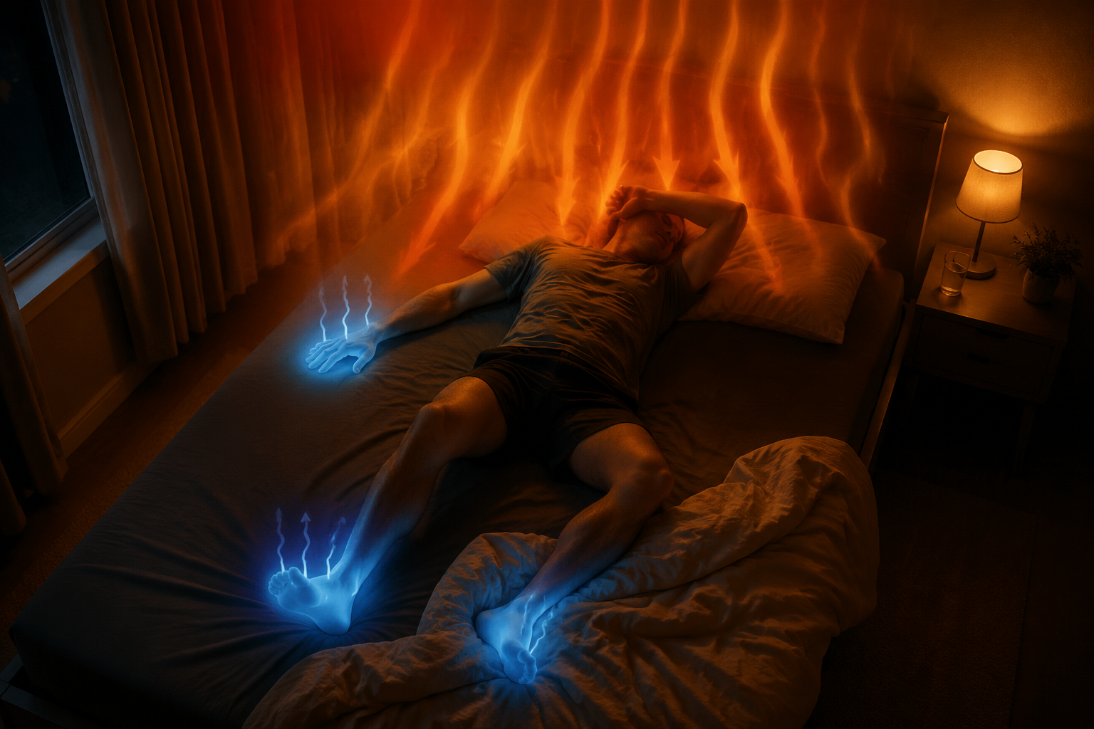 Restless sleeper under warm heat waves with a faint cool glow at the hands and feet representing suppressed distal vasodilation