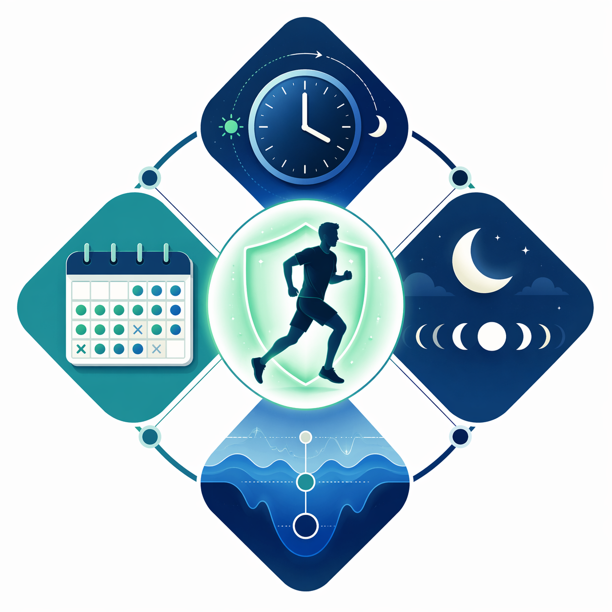 Four sleep dimensions shown as timing, duration, quality, and regularity around a protected athlete silhouette