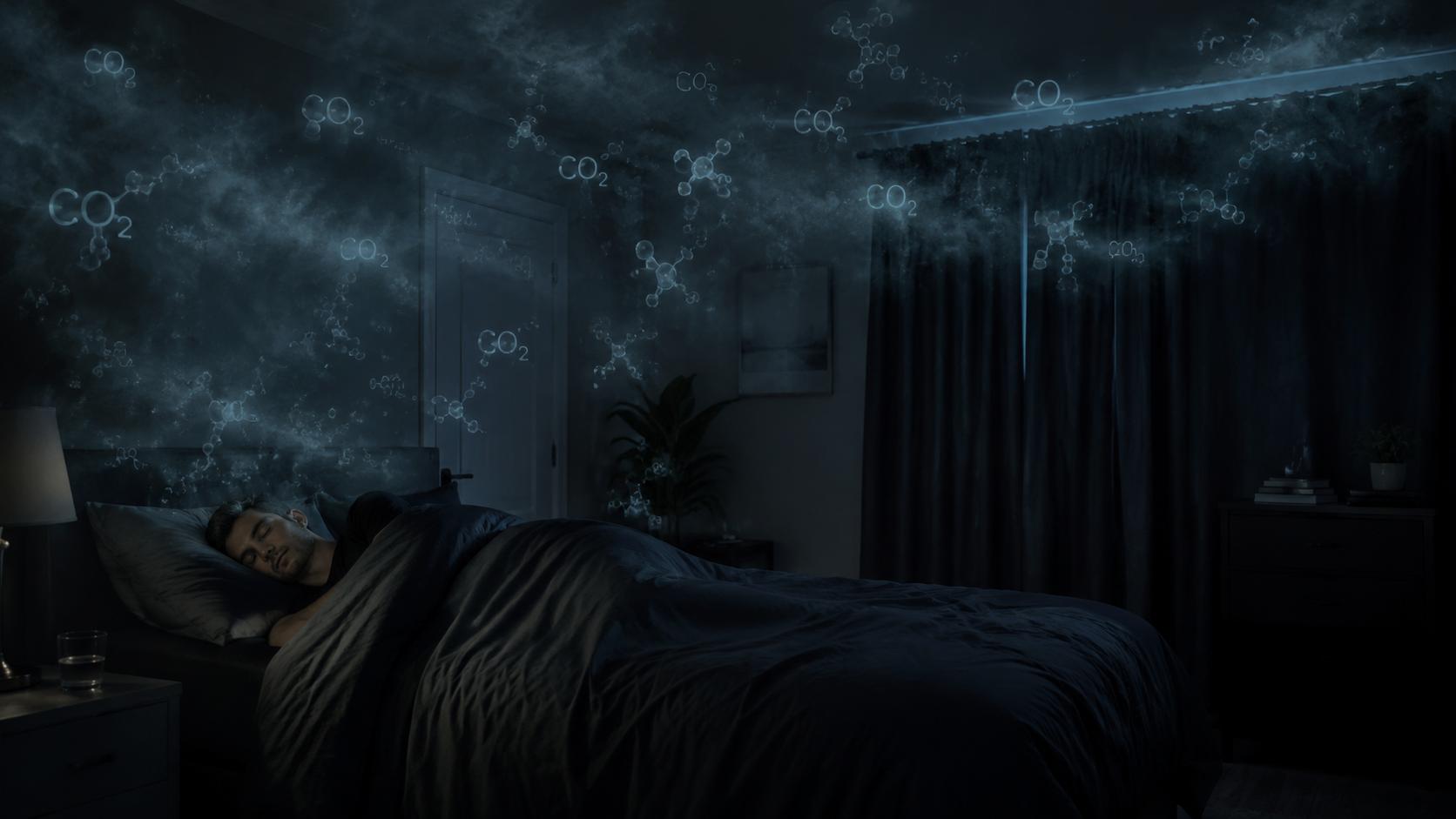 Closed dark bedroom with carbon dioxide accumulating around a sleeping person