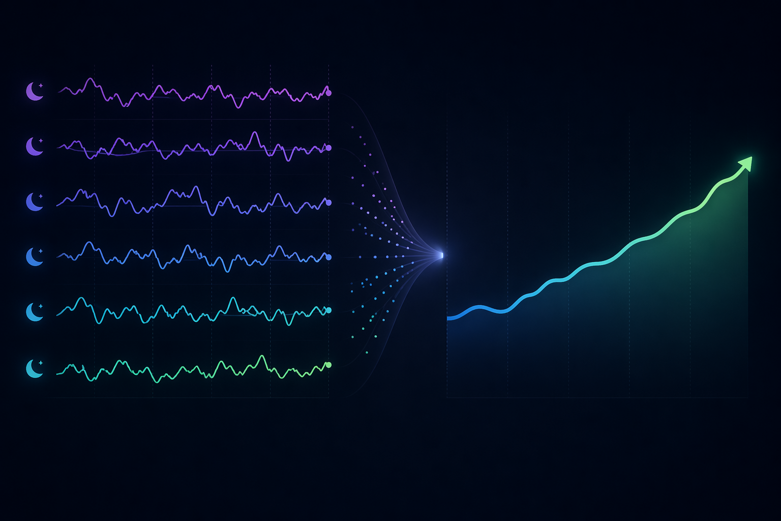 Several unreliable nightly sleep graphs merging into a smoother weekly trend line