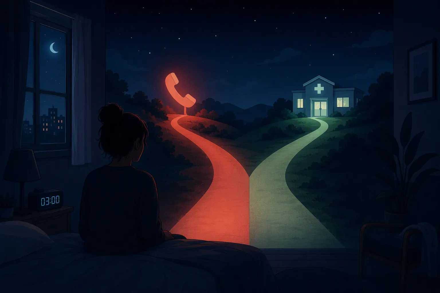 Nighttime bedroom illustration showing a split path toward a phone icon and a clinic icon