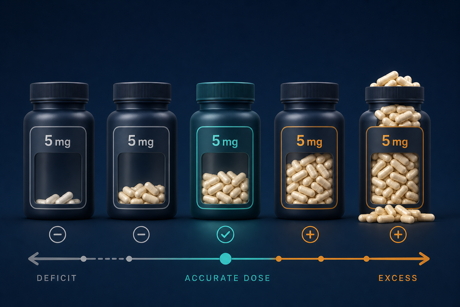 Five supplement containers labeled 5 mg with dramatically different actual fill levels, illustrating wide variability between labeled and actual melatonin doses.