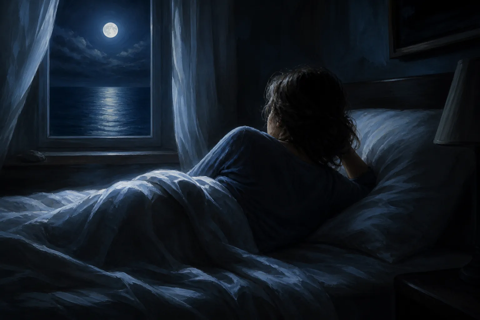 Woman awake in bed under cool full-moon light