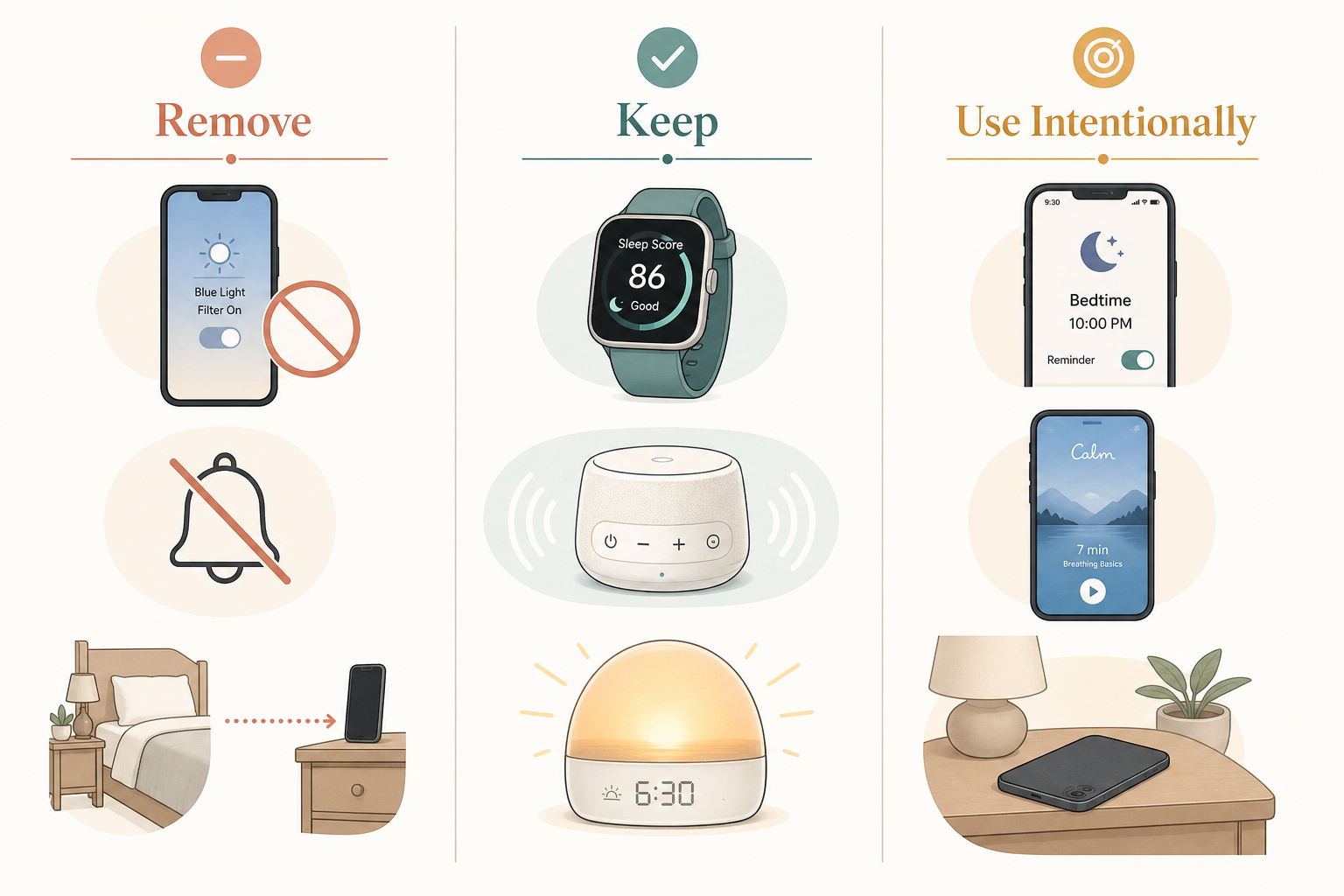 Clean editorial illustration with three columns titled Remove, Keep, and Use Intentionally: left column shows blue-light filter, notification-off, and phone-away icons; middle column shows sleep tracker, sound waves, and smart alarm icons; right column shows bedtime reminder, meditation app, and phone face-down icons in warm teal and amber palette.