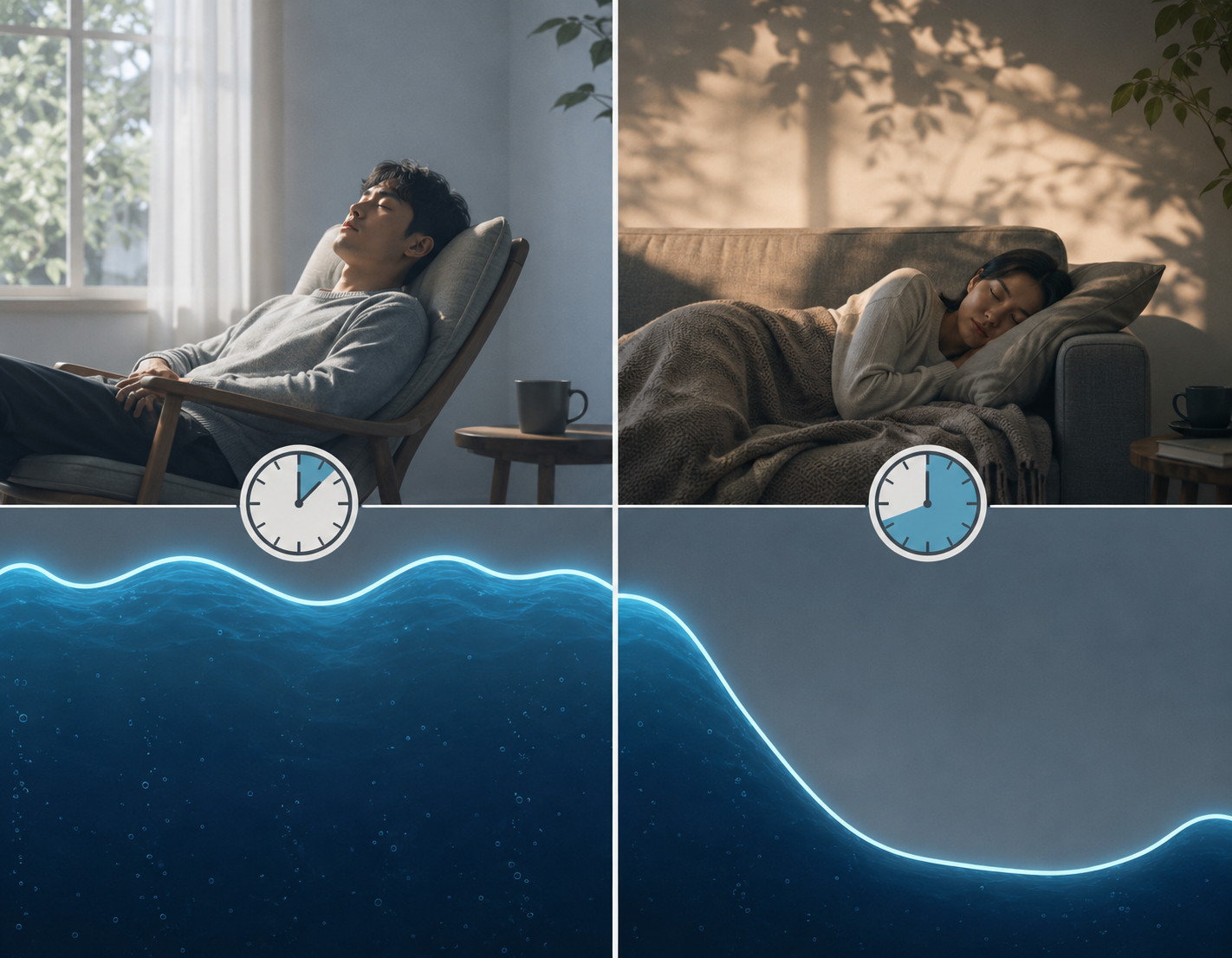 A conceptual comparison of a 20-minute light nap and a 60-minute deeper nap using a blue sleep pressure wave