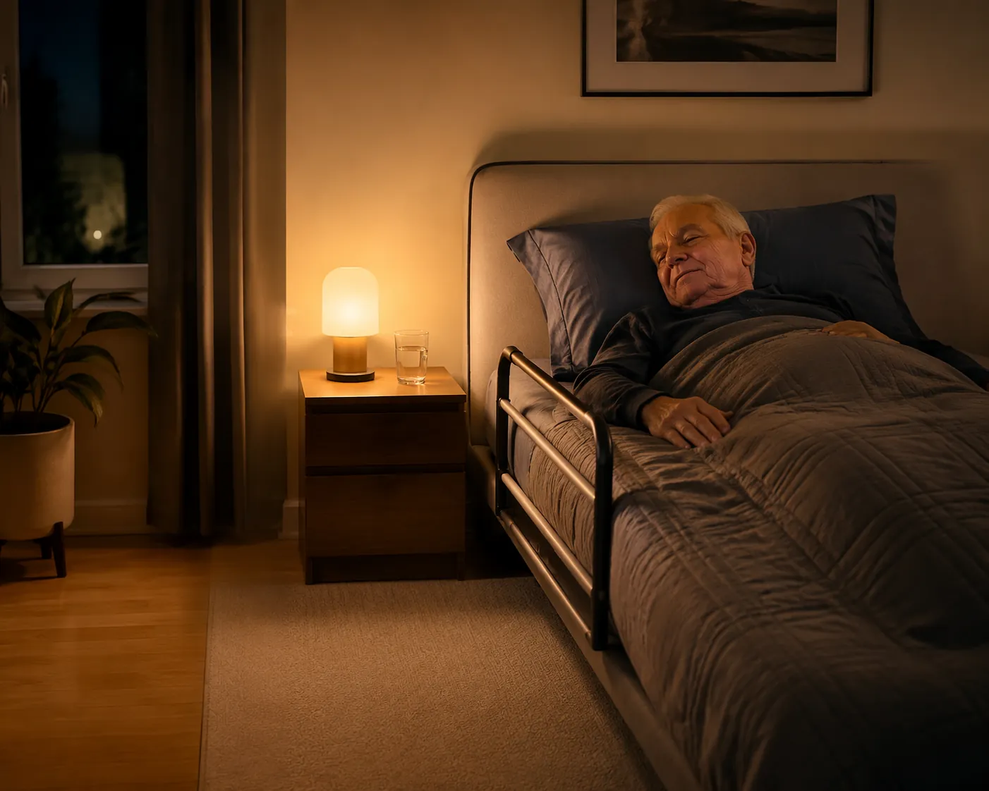 Safety-adapted bedroom for an older adult with Parkinson's, with a bed rail, night light, clear floor, and bedside water